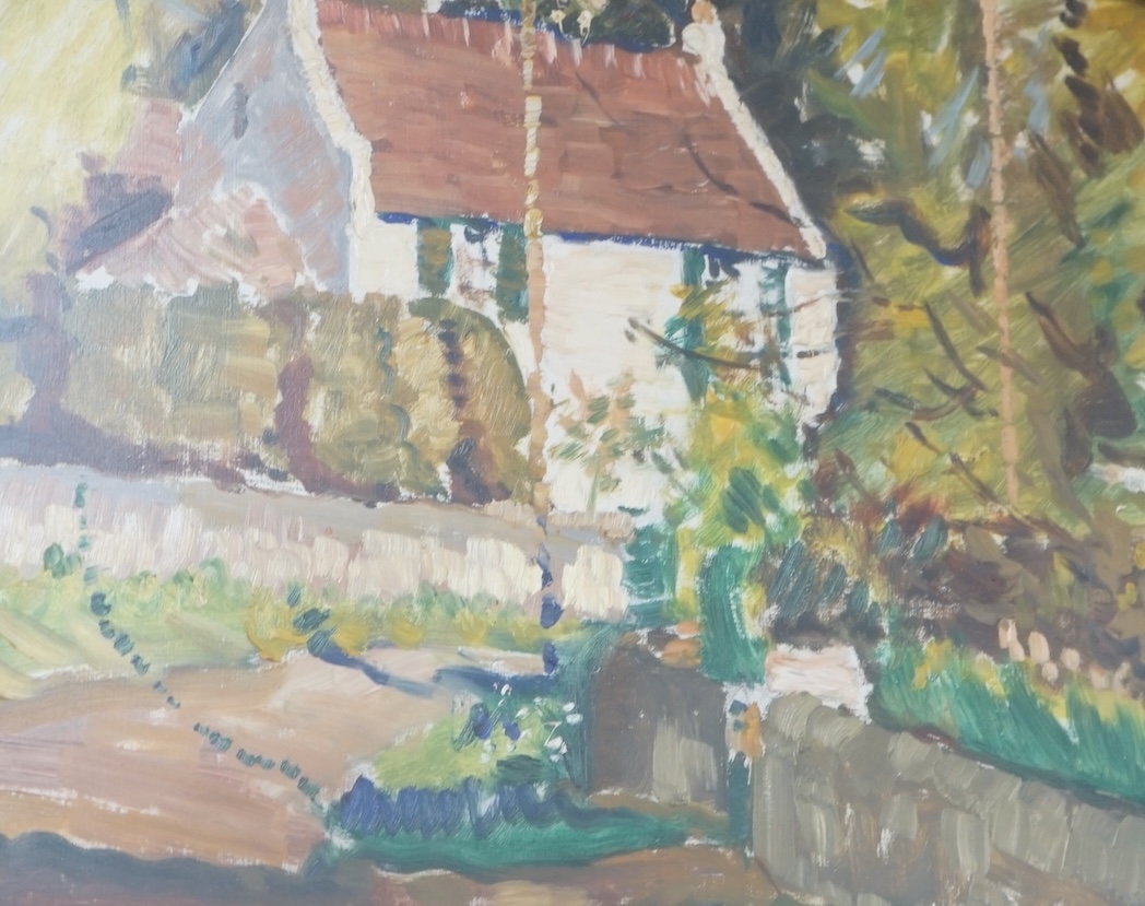 Stanley L. A. Cook (b.1913), oil on board, 'White House', unsigned, partial James Bourlet & Sons label and inscriptions verso, 31 x 39cm. Condition - good